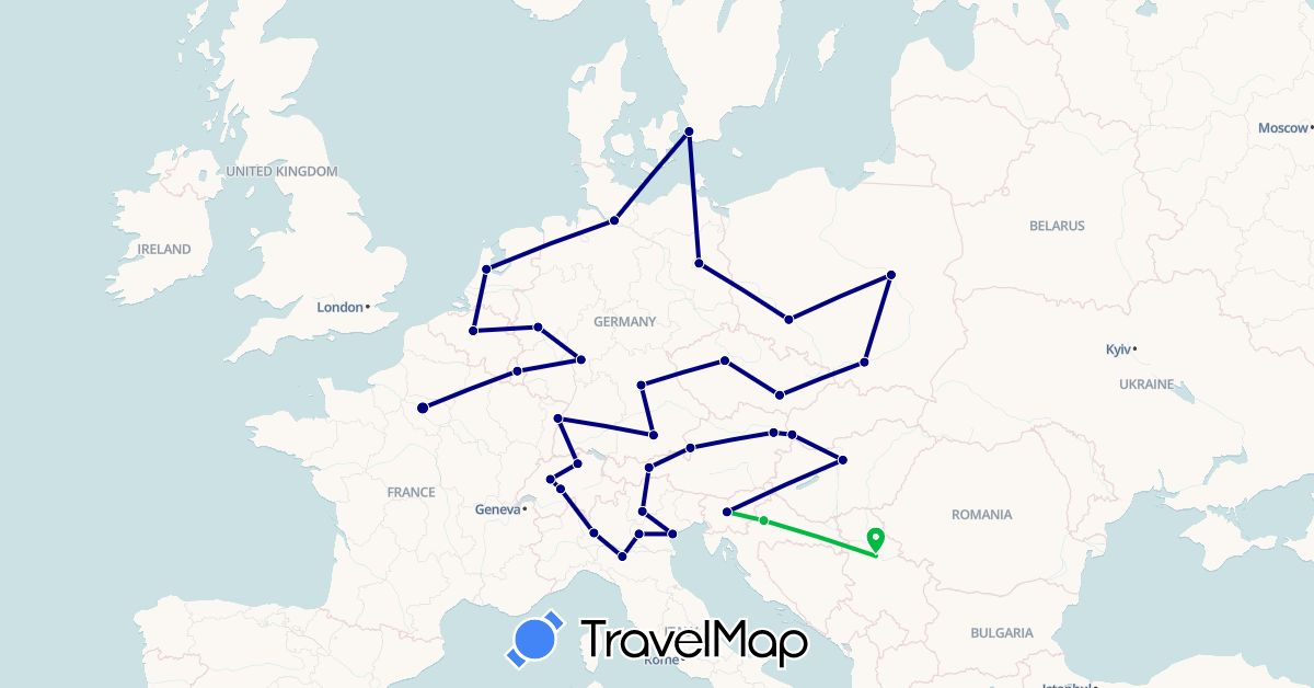 TravelMap itinerary: driving, bus in Austria, Belgium, Switzerland, Czech Republic, Germany, France, Croatia, Hungary, Italy, Luxembourg, Netherlands, Poland, Serbia, Sweden, Slovenia, Slovakia (Europe)
