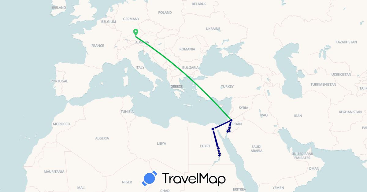 TravelMap itinerary: driving, bus in Germany, Egypt, Jordan (Africa, Asia, Europe)